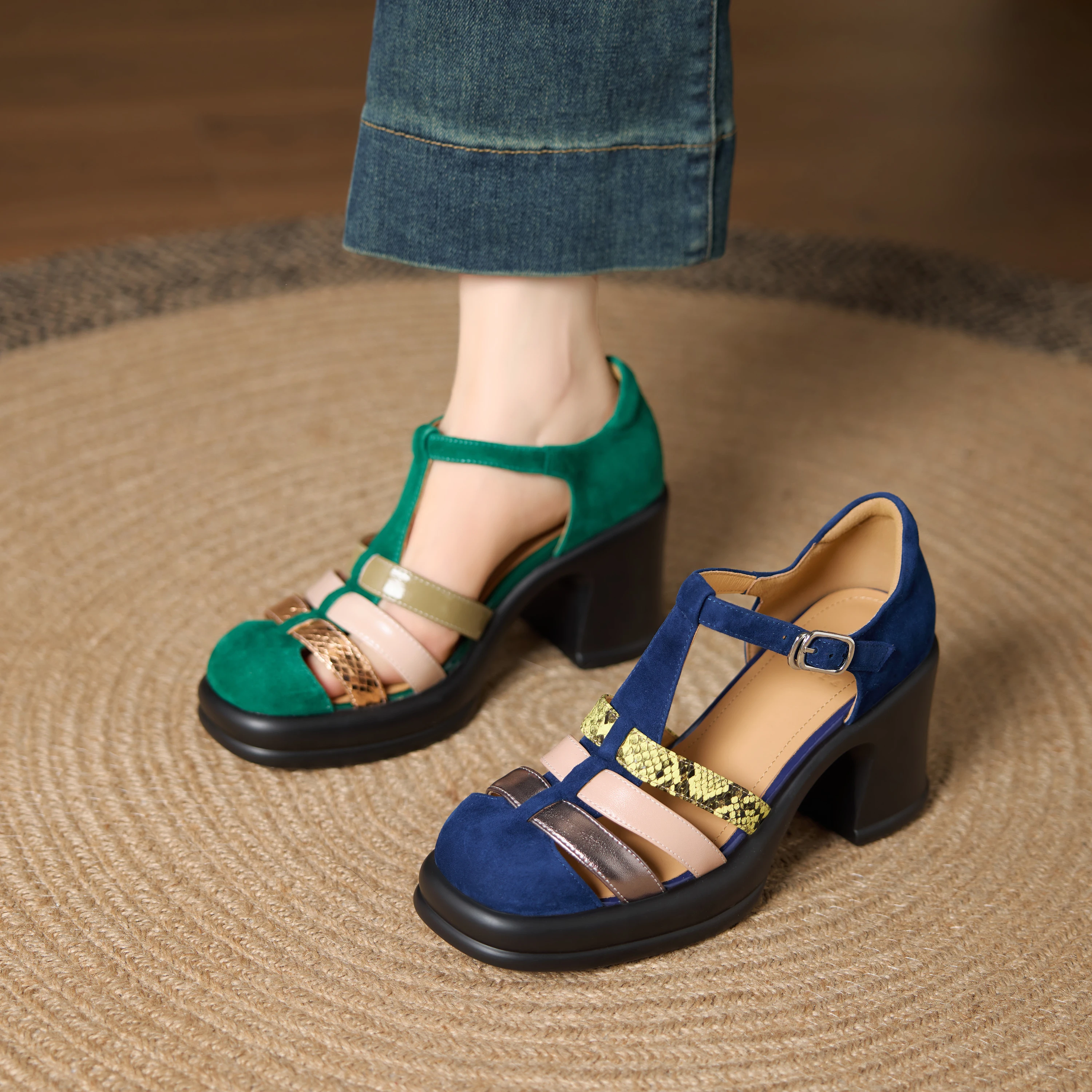 

﻿ Genuine Leather Cowhide Heels Women Sandals, Fashion Lace-up Retro Summer Women Shoes, Hollow Out High Heels