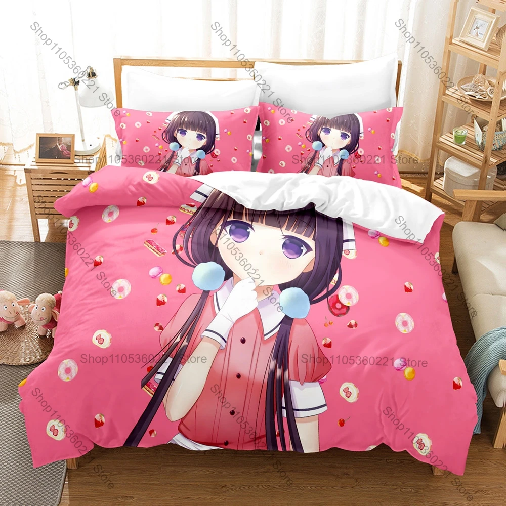 Cool Cute Pastel Dessert Cafe Waitress Sketch Bedding Set Duvet Cover + 2 Pillowcases Warm Pink Sweet Bedroom Decor