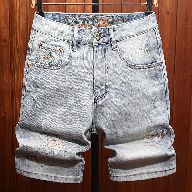 

High end trendy men's denim shorts, men's retro nostalgic elastic hole patch, summer five quarter pants