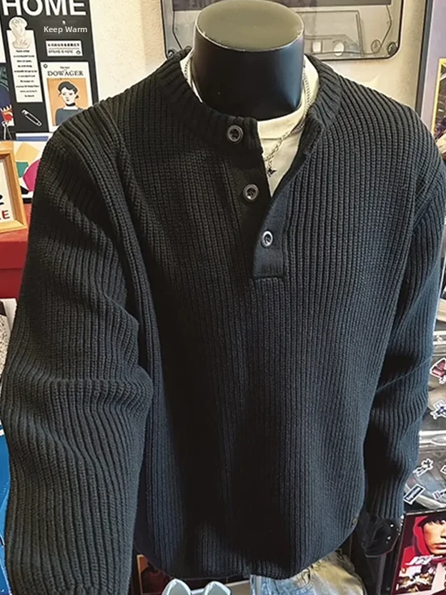 

Loose Fit Knitted Long Sve Sweatirt Men's Henry Sle f Buttoned Knitwear Casual Stripe Pattern Trendy Outerwear