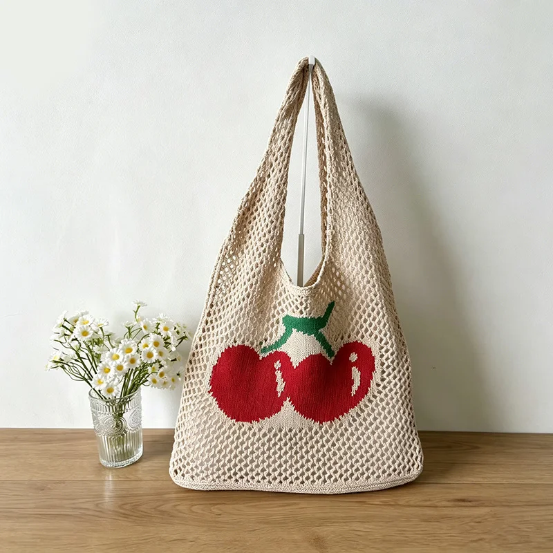 New Summer Hollow Out Shoulder Bag Cherry Desing Knit Bag Hand Woven Fashionable Beach Simple Shopper Totes