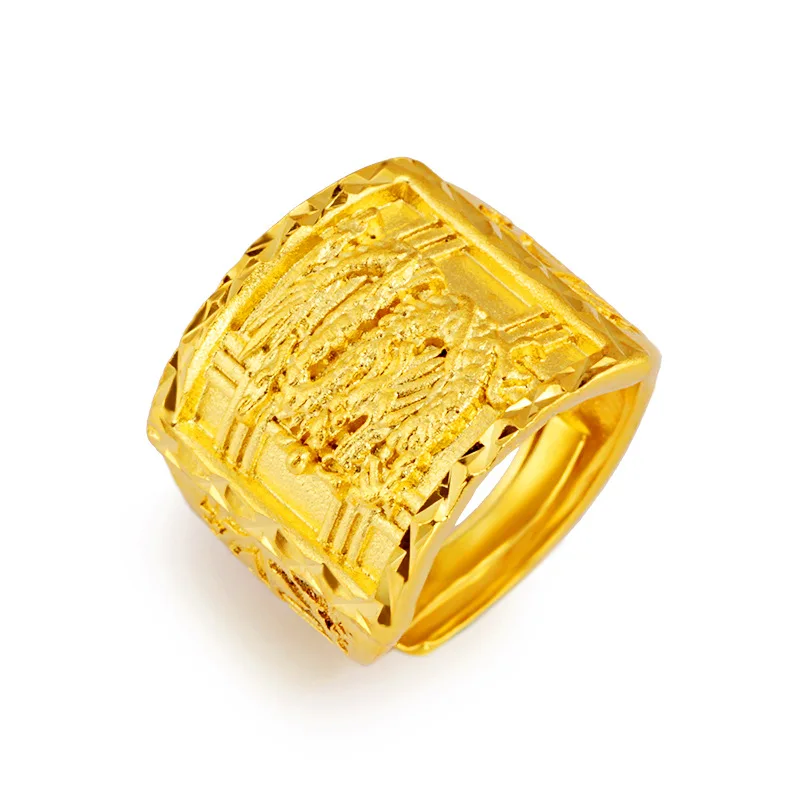 9999 24K Real Gold Ring, Domineering Dragon Pattern Boss\'s Good Luck Ring, Men\'s and Women\'s Dragon Head Ring Father\'s Gift