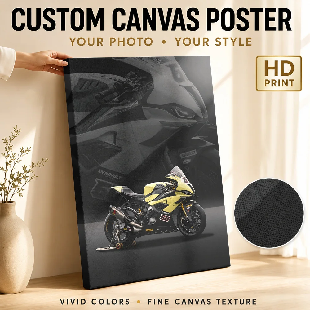 German M1000RR Racing Motorcycle Canvas Poster Personalized Photo Layered Panels With Enlarged Details Wall Art For Biker Lounge