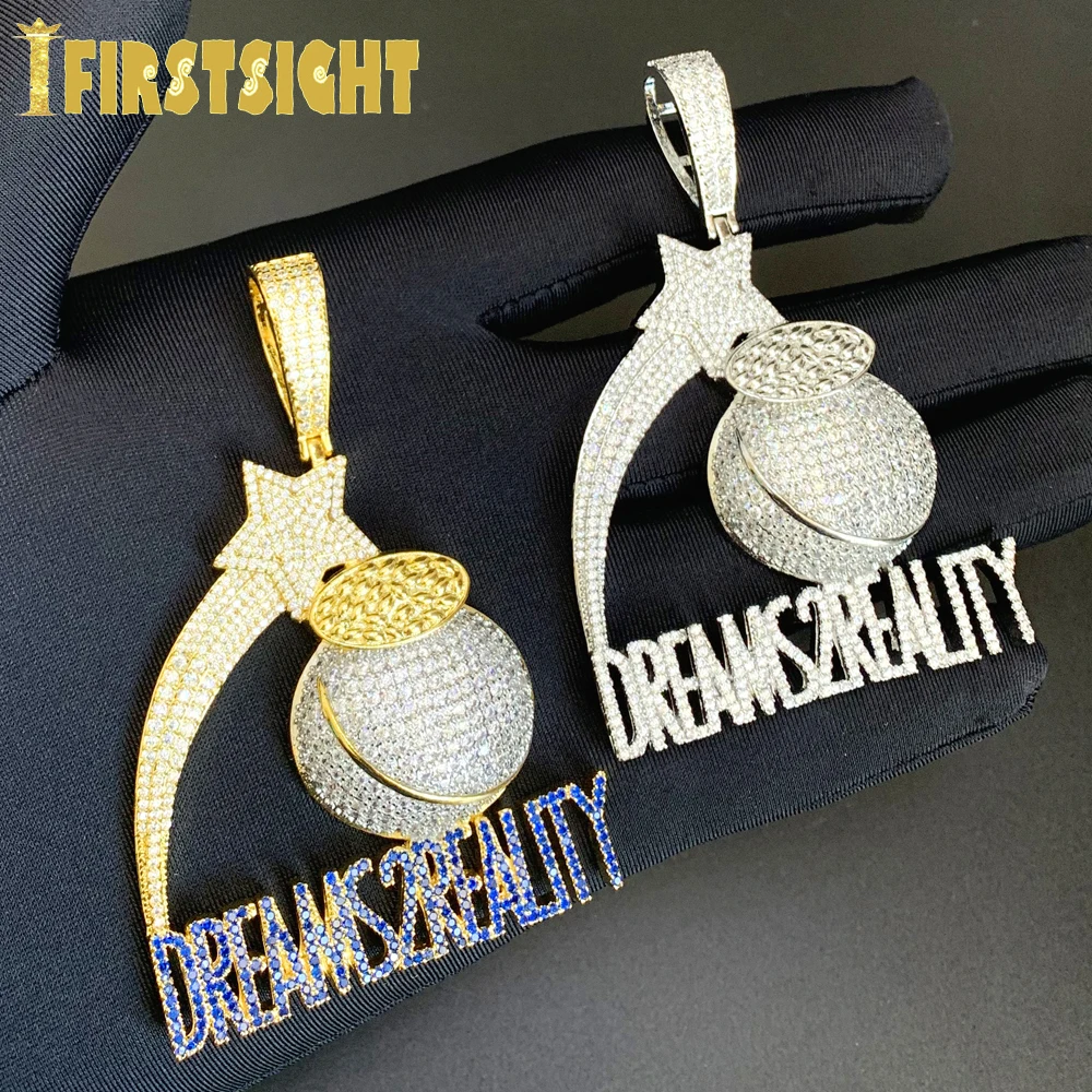 Iced Out Bling Letters DREAMS TO REALITY Pendant Necklace Gold Color Zircon CZ Money Bag Star Charm Men's Women Hip Hop Jewelry