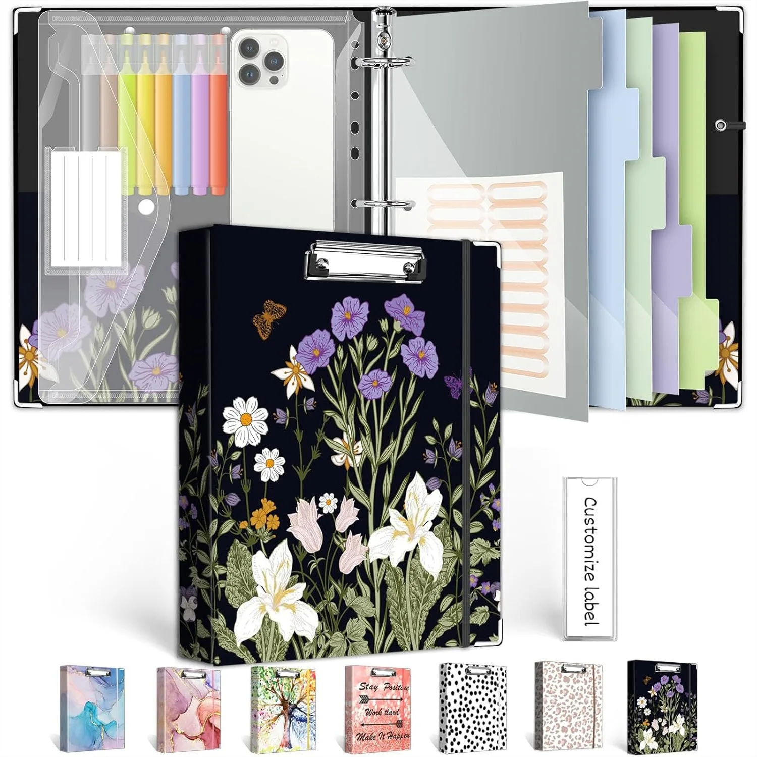 

1 Inch 3 Ring Binder with Clipboard and Dividers, Letter Size Plastic Folder with Pen Loop and Elastic Closure, Black Weeds