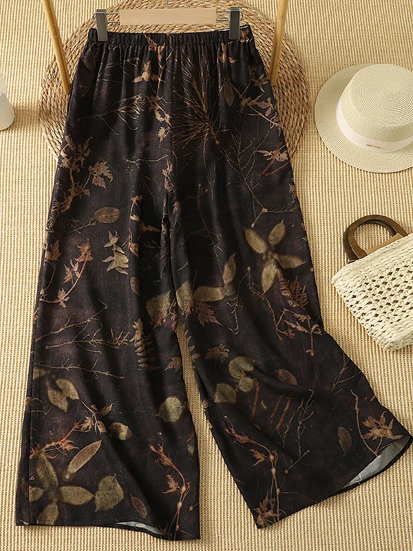 Artistic Vintage Watercolor Print Silk Wide Leg Pants Women Summer Thin Elastic Waist Draped Slimming Casual Loose Fit Trousers