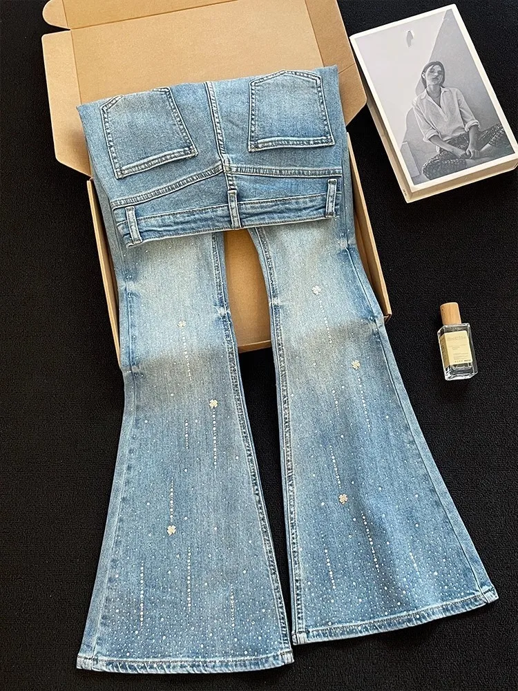 Letnia Moda Nowy Diamentowy Wzór Damskie Jeansy Slim Fit Kieszenie Wysoki Stan Szerokie Nogawki Lekko Rozszerzane Spodnie Długie Spodnie Denimowe