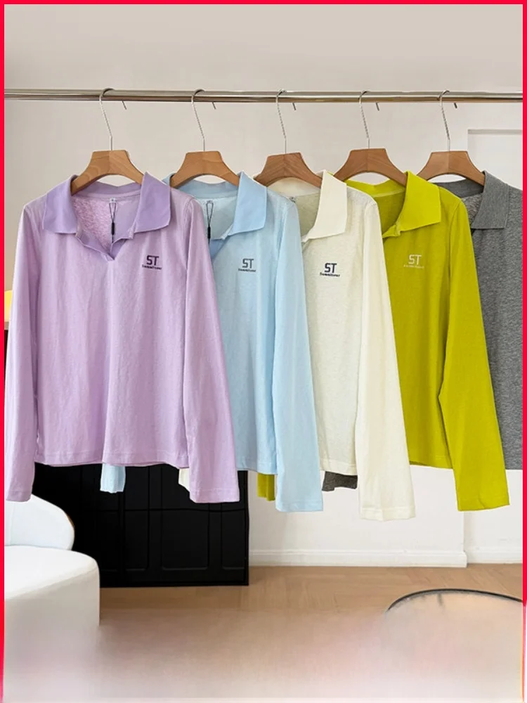 Comfortable Soft Long Sleeve Neck T-Shirt Outdoor Women's Simple Match Ice Cream Color Cotton Polyester Blend Breathable...