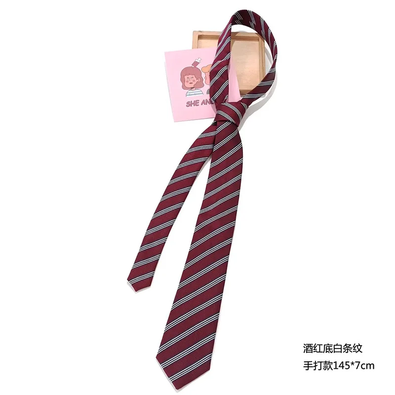 Wine Red, Navy Blue, Champagne Striped Tie for Female Students with Academy Style Decoration, JK Hand Knot Texture, Polyester Si