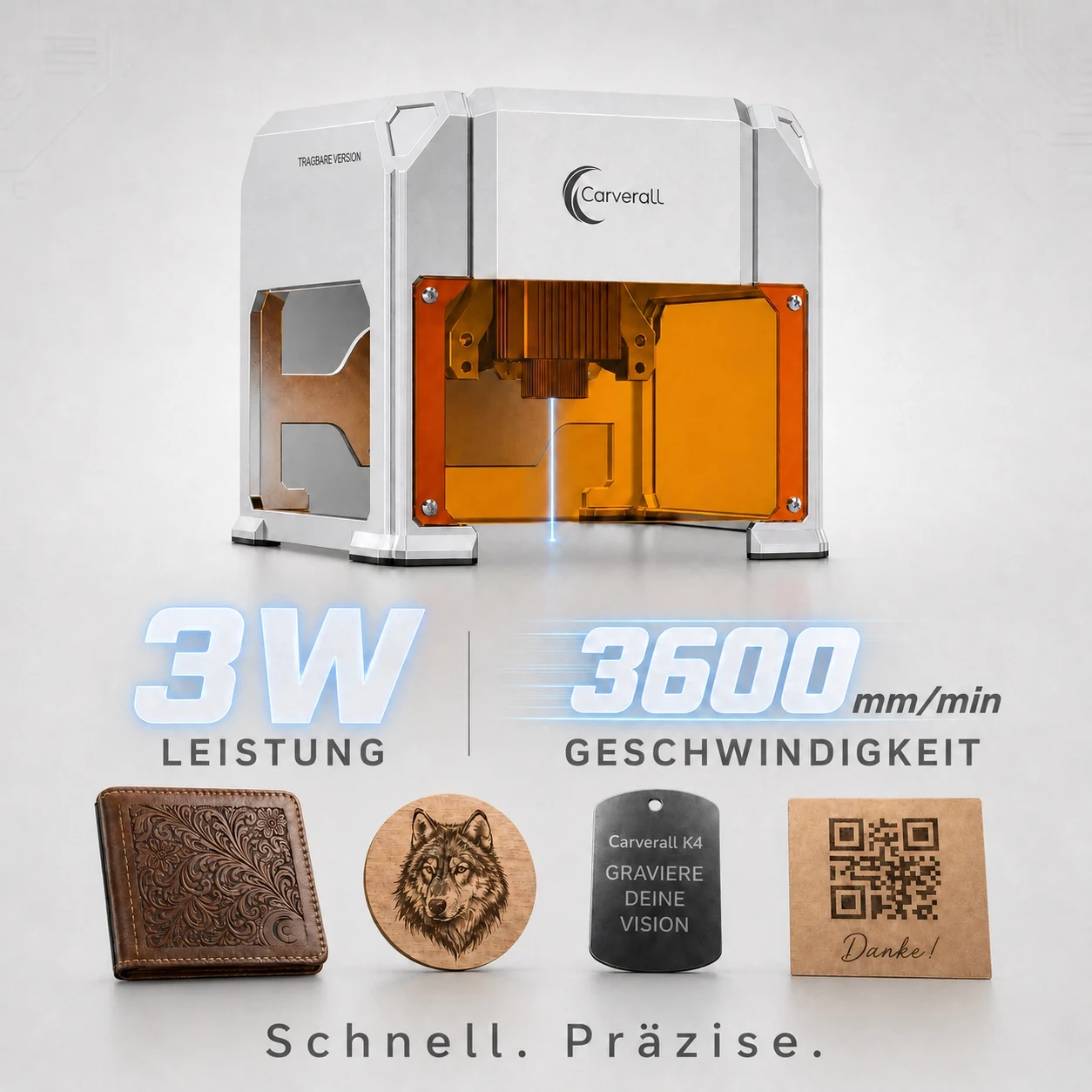 Carverall K4 3W Lasergravierer, Tragbare Mini-Graviermaschine mit WiFi-App-Steuerung und USB, 80 x 80 mm, Bis zu 0,01 mm Präzision, für Holz, Bambus, Leder, Papier, Karton, DIY-Geschenke, Einsteigerfreundlich – Detail 6