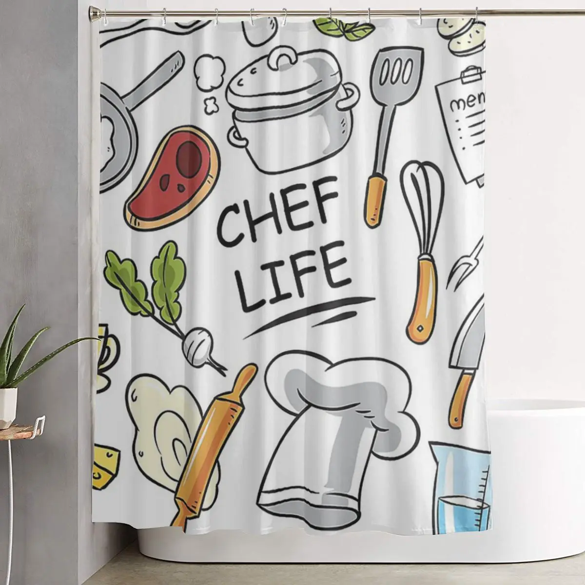 

Chef Life Shower Curtain Bathroom Polyester Waterproof Bath Curtains with Hooks