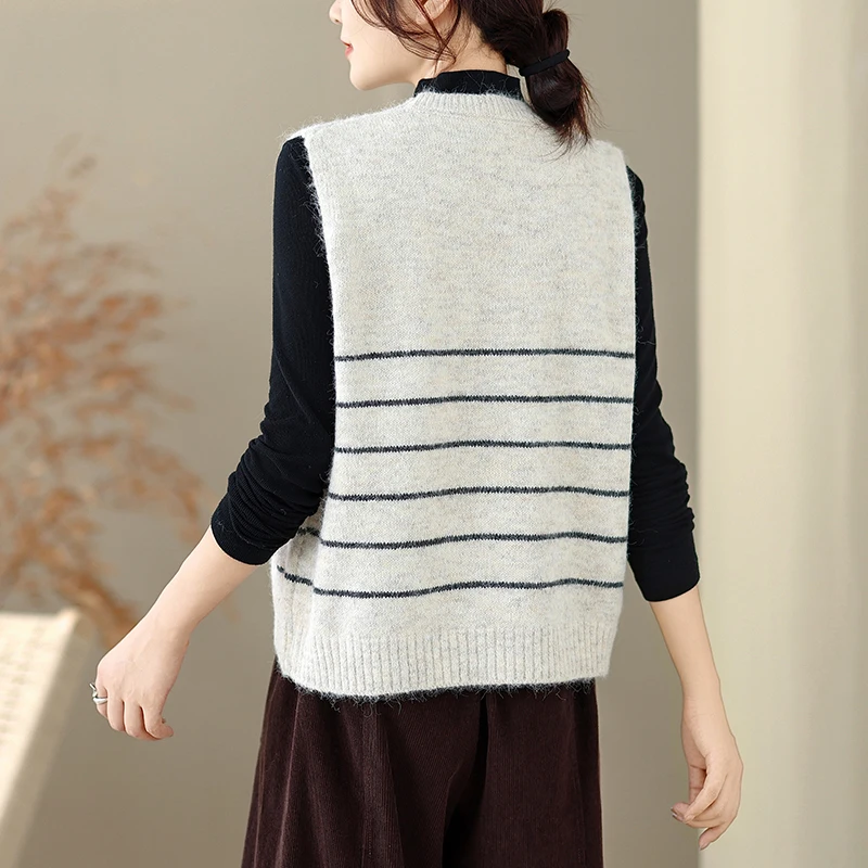 Faionable Gilet maglione lavorato a maglia retrò da donna rotondo Ne Svel Fce Feel strisce verticali Autunno Inverno Nuovo Sle Sim...