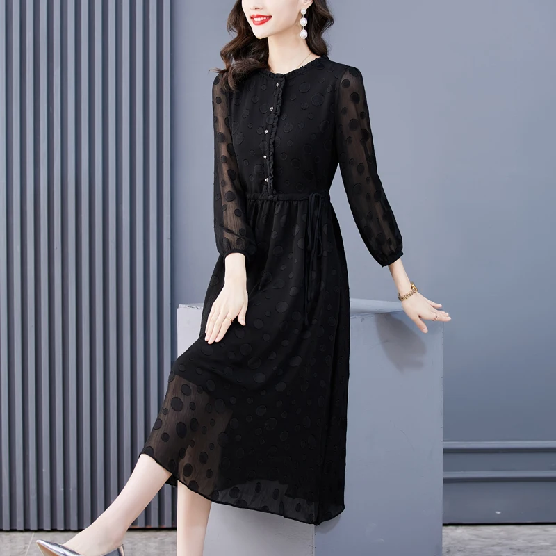 

Autumn Fashion Silk Dress Women's 2023 New Fashion Polka Dot Knee Length Dress Korean Version Loose Fit Party Dress Vestidos