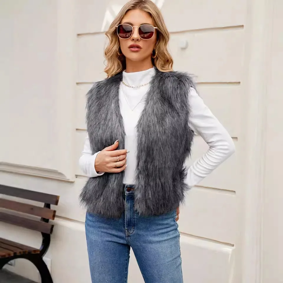 Women Faux Fur Waistcoat Fashion Winter Fuzzy Sleeveless Open Front Outwear Gilet Casual Short Vest Jacket Coat Y2K Streetwear