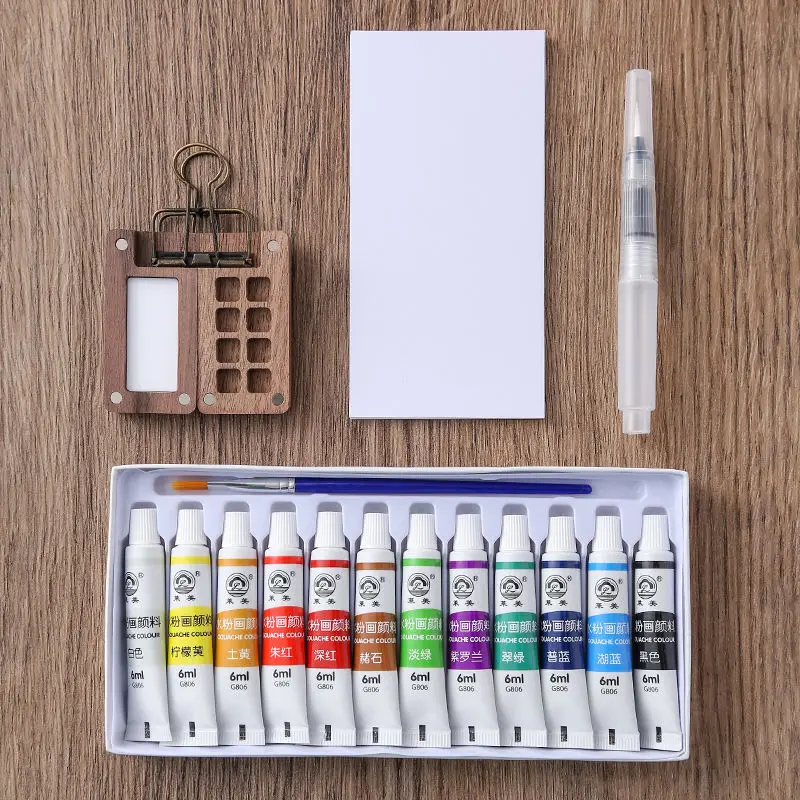 Portable Travel 12 Colors Watercolor Paint Pigment Set Wooden 8 Grid Oil Paints Palette Tray Box Mini Black Walnut Paint Box