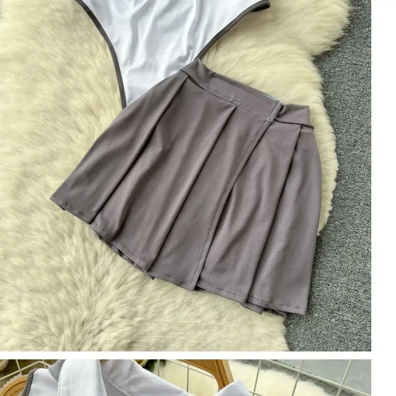 Hotsweet Playsuit-Sets für Damen, ärmellos, schmal geschnitten, rückenfrei, ausgehöhlter Body + Falten-Minirock mit elastischer Taille, sexy Club-Anzüge – Detail 7