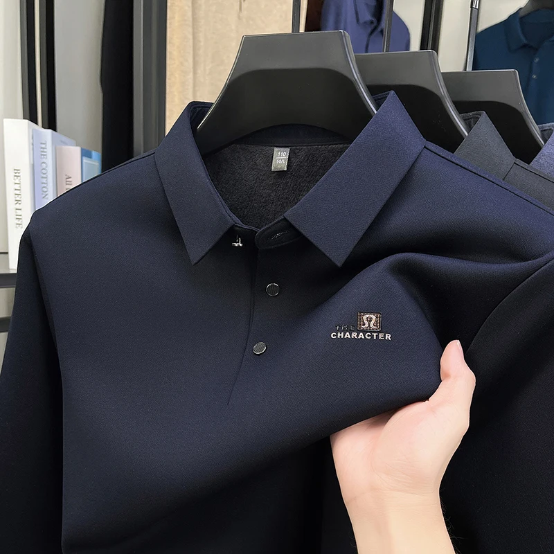 Autumn and winter fashion, plush, lapel polo shirt, skin friendly original, long sleeved T-shirt, comfortable men's clothing