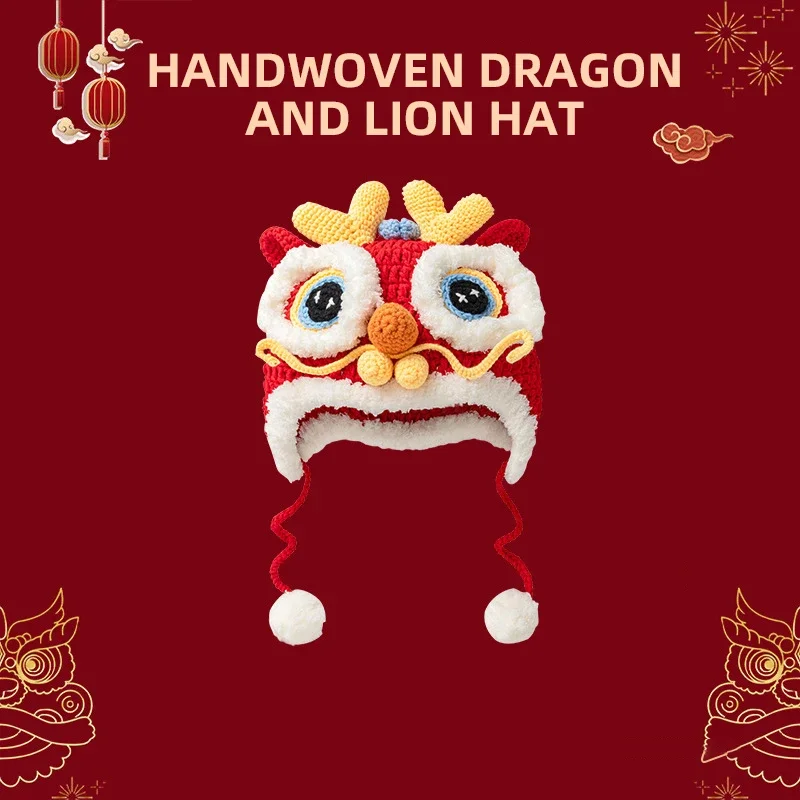 Handmade Parent Child Head Hat Children'spring Winter Warm Woolen Hat Chinese Style Lion Awakening Hat New Year Tiger