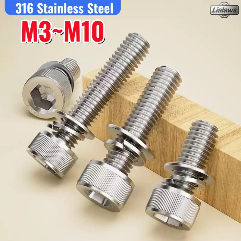 304 Stainless Steel Cap Head Hexagon Socket SEMS Screws DIN912 Triple Combination Bolts with Spring & Flat Washers M3M4M5M6M8M10
