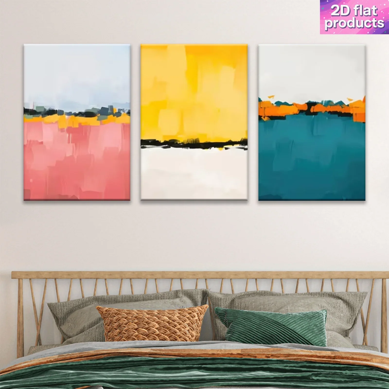 2D Flat, 3pcs Modern Abstract Colorful Wall Art Paintings - Multicolor Suitable for, Office Decor, Wrapped Canvas Framed Suit