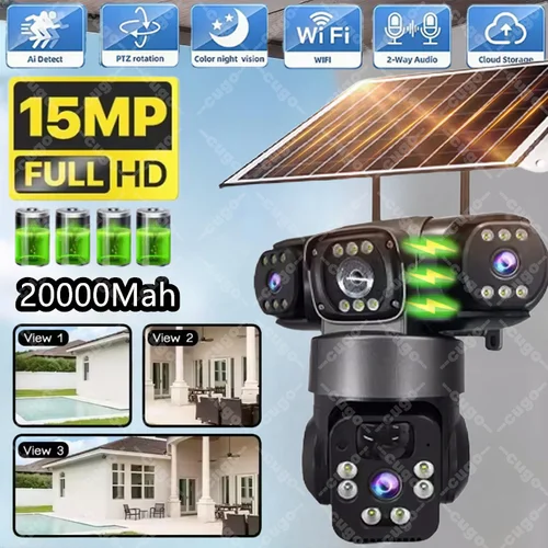 WiFi PTZ tres cámaras cámara IP Solar inalámbrica para exteriores 15MP 20000Mah batería integrada cámara de videovigilancia Larga modo de reposo