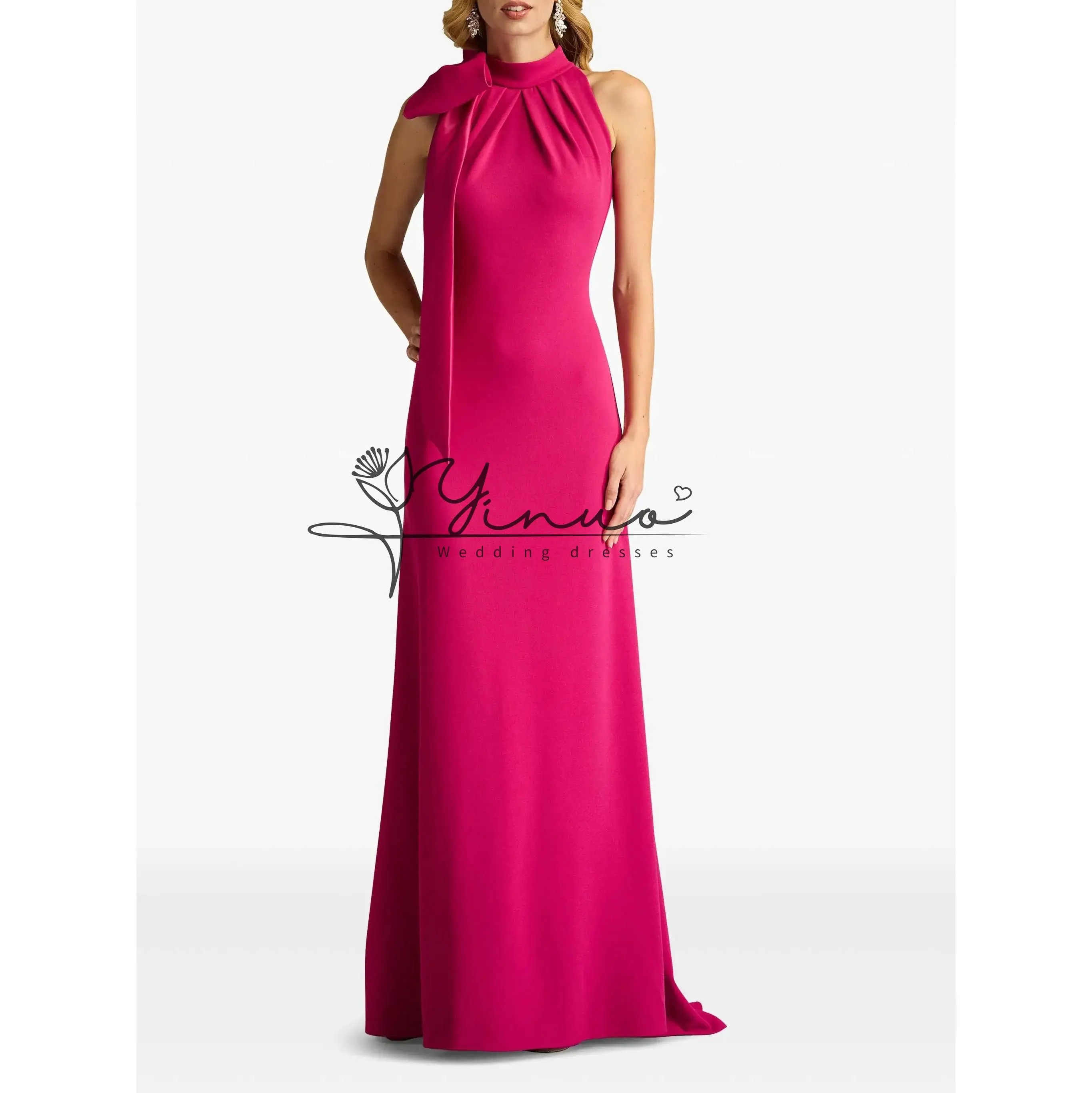 

customized Crepe Bow Halter Evening Dress Mermaid Prom Gown Dress Sleeveless Weding Party Dress for Women 2025