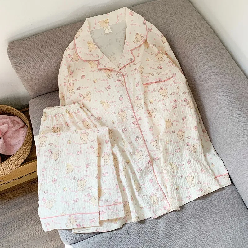 Harajuku حجم كبير الحلو لطيف المرأة منامة الخريف جديد التلبيب الرقبة 2025 2 قطعة دعوى ملابس خاصة فام Kawaii ملابس منزلية غير رسمية