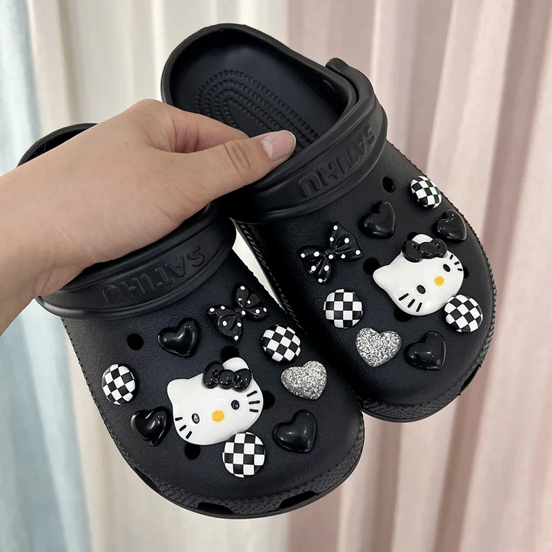 MINISO Hello Kitty Shoe Charms Set Black & White Theme KT Cat Girls Women Sandals Accessories Hole Shoes Slippers Decoration image 4