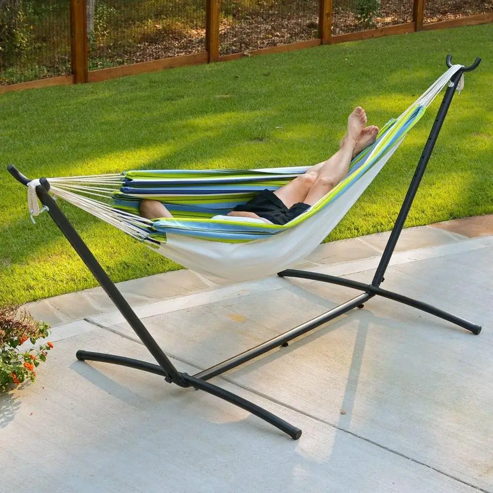 Portable Hammock with Stand & Carrying Case Cocoon Style Bed Adjustable Height Steel Frame Weather-Resistant Fabric Blue/Green