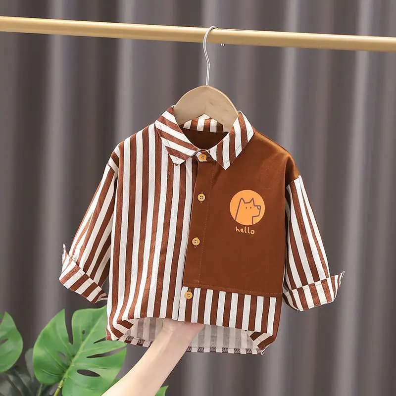 2023 Spring New Boys Clothing Long Sleeve Lapel Striped Cartoon Pattern Printed Children Korean Version Trend Fashion Top Shirt