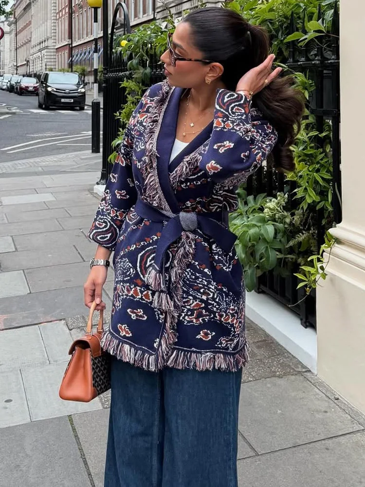 

Tossy Printed Fashion Knit Cardigan Sweater Female Lace-Up Autumn Loose Patchwork Long Sleeve Coat Women's Knitwear Cardigan New