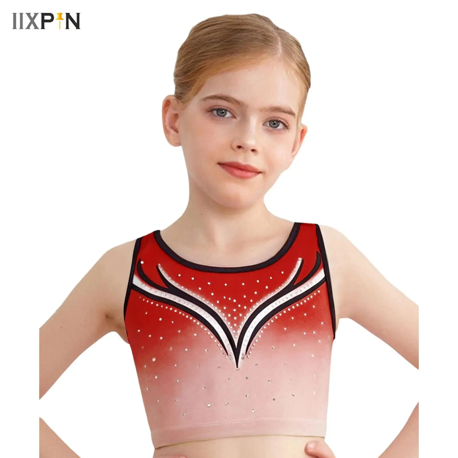 

Kids Girls Gymnastics Ballet Dance Top Figure Skating Vest Round Neck Sleeveless Sparkling Rhinestones Gradient Tank Crop Top