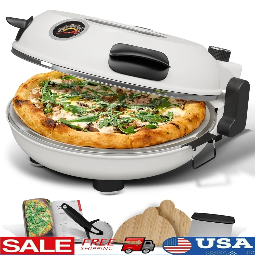 

Electric Pizza Oven Indoor 12 Inch Nonstick Ceramic Stone Maker High Heat 790F Fast Cooking Complete Kit Accessories