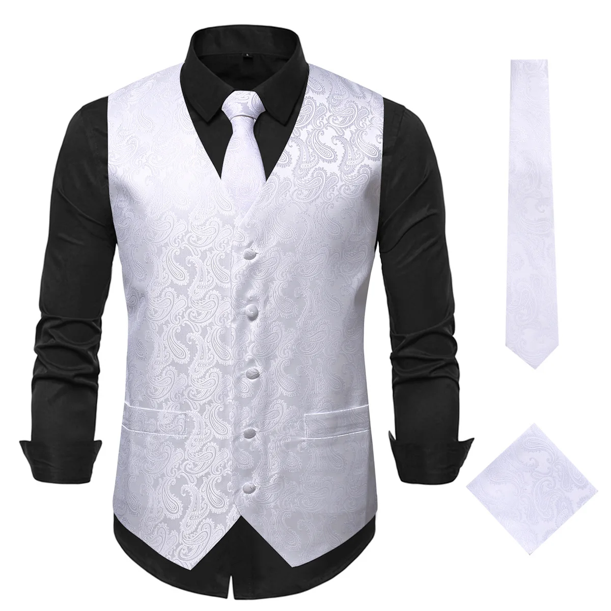 Fashion Tuxedo Suit Vest with Tie Handkerchief Blue Green Solid Red Black Silver Pink Paisley Luxury Waistcoat for Wedding Prom