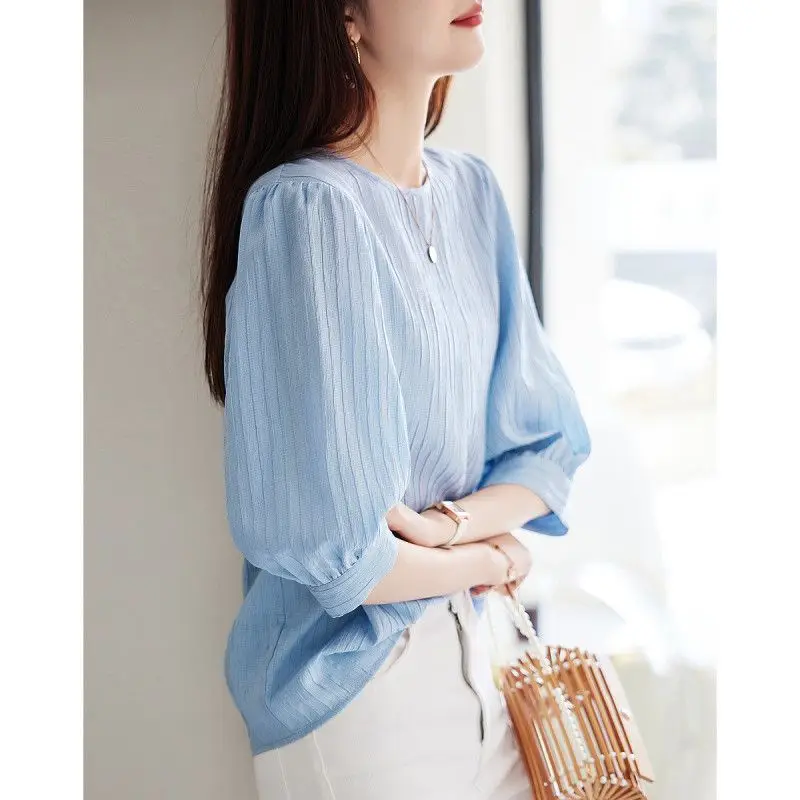 2023 Texture Button Chiffon Shirt Summer Crew Neck Azure Blue Chic Pullover Half Lantern Sleeve Pleated Fashion Women Blouses