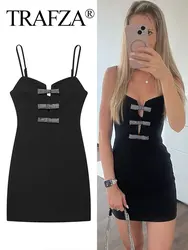 TRAFZA 2024 New Female Dress Black V Neck Sleeveless Backless Slim Mini Zipper Summer Mini Dressses Chic Party Woman Sexy Dress