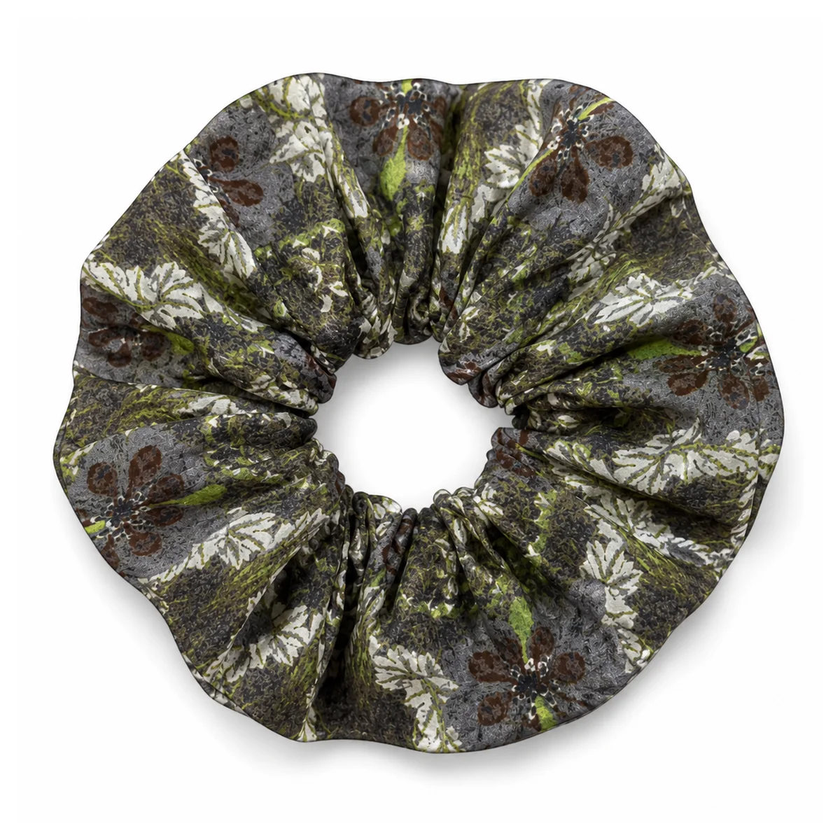 deep-charcoal-cream-moss-green-cocoa-woodland-botanical-wide-single-layer-hair-scrunchie