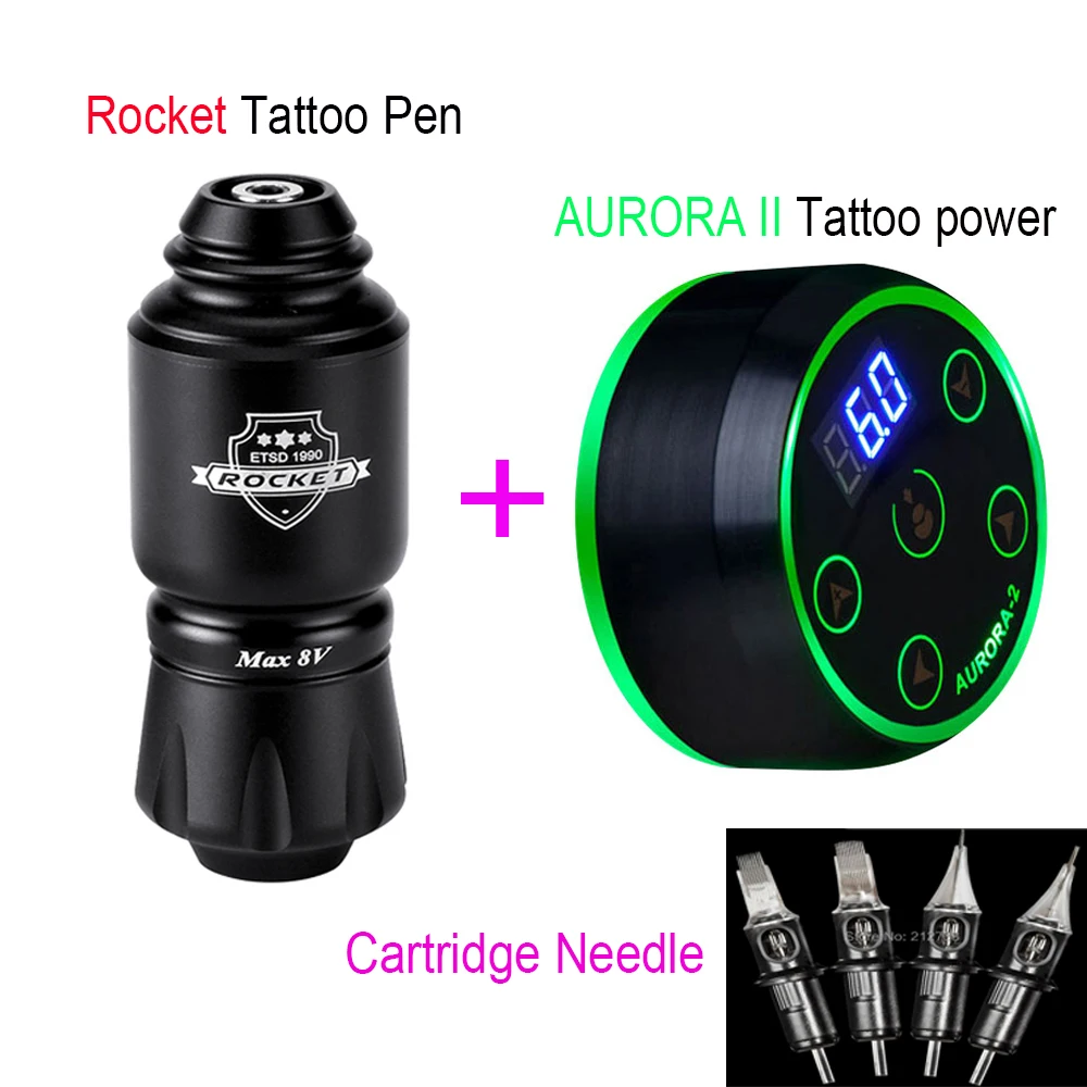 

Professional Tattoo Kit Rocket Mini Rotary Tattoo Pen with AURORA II Power Supply and 10Pcs Cartridge Needles Tattoo Machine Set