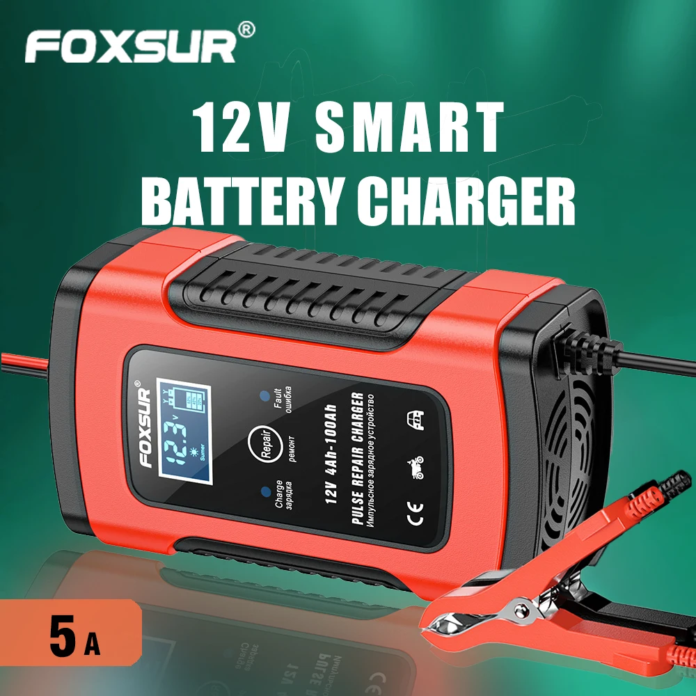 

FOXSUR Полностью автоматическое зарядное устройство для аккумуляторов 110 В/220 В 12 В 5 А Интеллектуальная быстрая зарядка, интеллектуальное зарядное устройство для свинцово-кислотных аккумуляторов