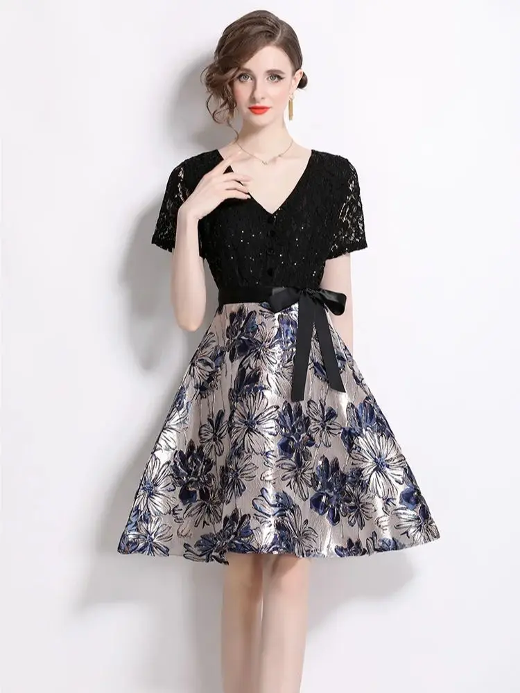 

Chic Short Sleeve Sequined Lace Patchwork Jacquard A Line Dress Women's V-neck Sashes Lace Up Temperament Mini Dress