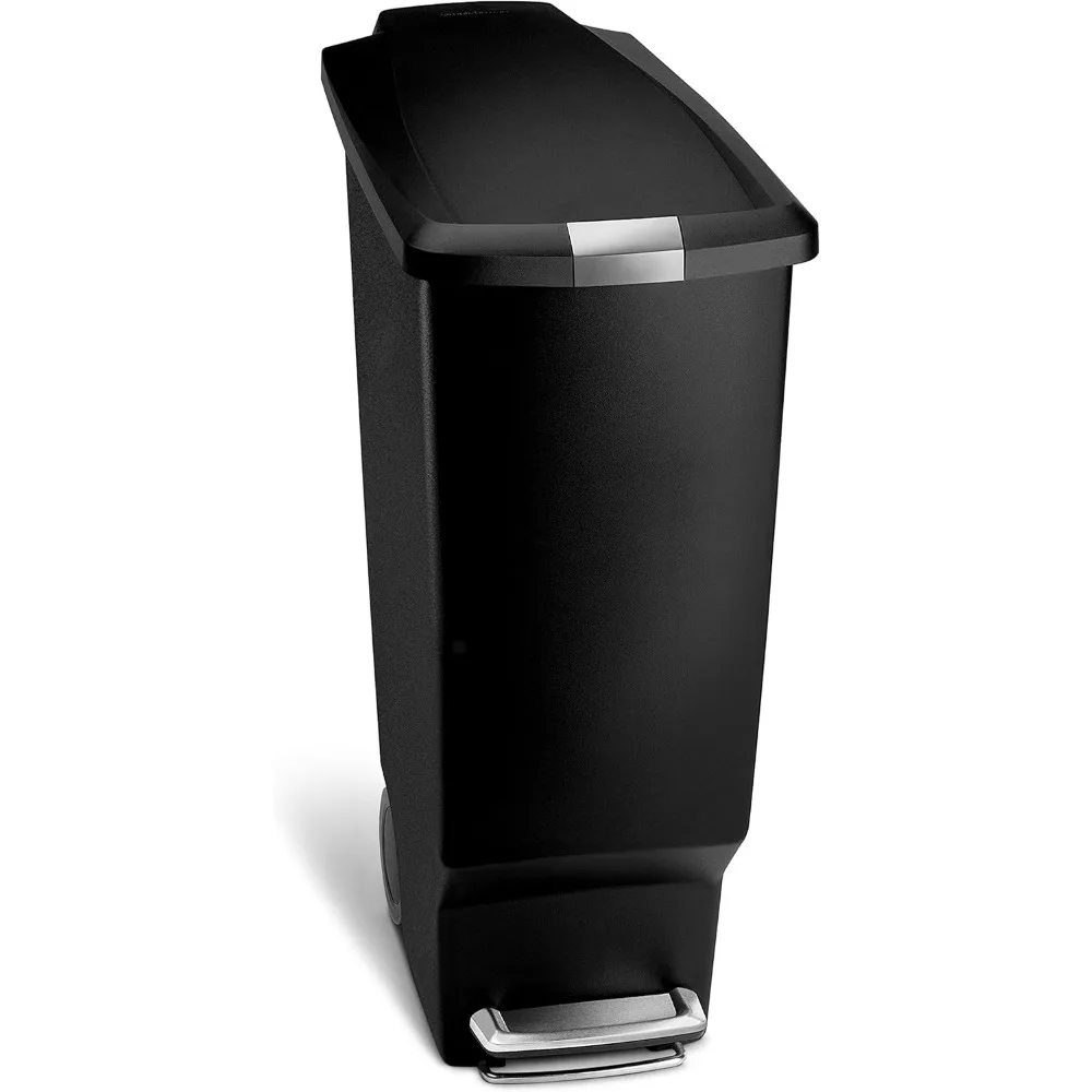 

40L Slim Kitchen Step Trash Can with Silent Lid, Lock, Wheels - Black