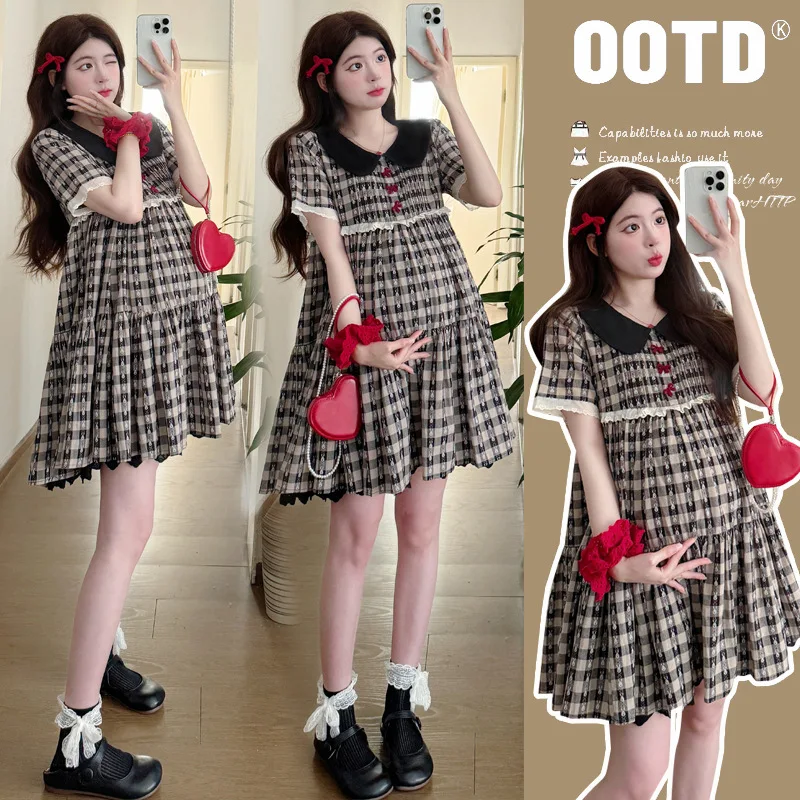 

2025 Summer Maternity Dress: Chic Gingham Babydoll Dress - Flattering A-Line Silhouette with Feminine Peter Pan Collar