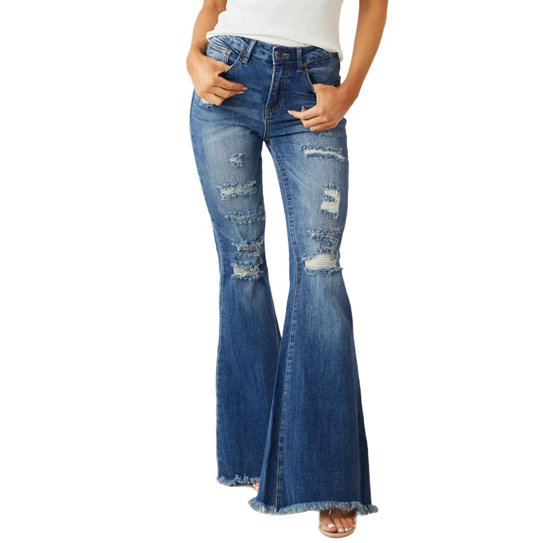 2025 Fall Women's Distressed Mid-Rise Flare Jeans - Stretch Retro Bootcut Denim with Fringe