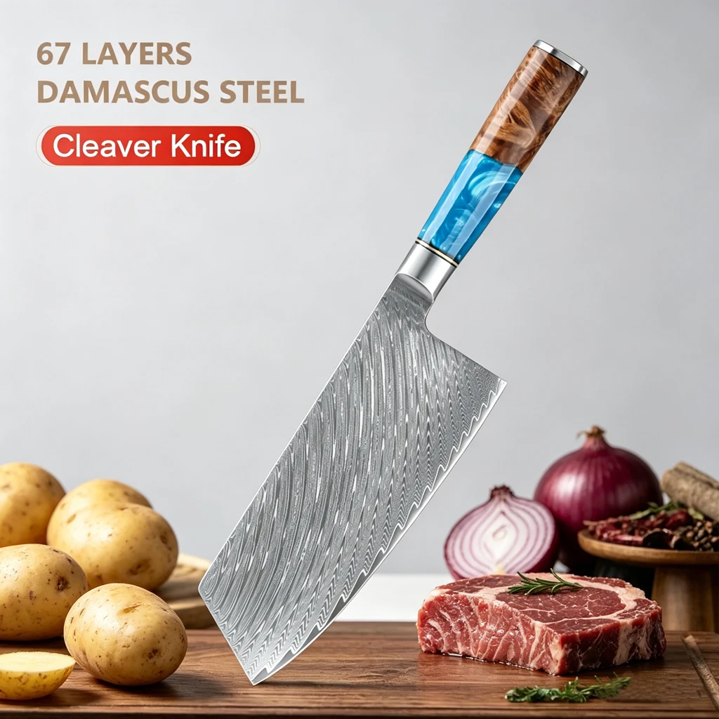 

7.5 inch Cleaver knife Damascus steel chef knife Slicing Meat Cleaver kitchen knife with Blue Resin Wood Handle