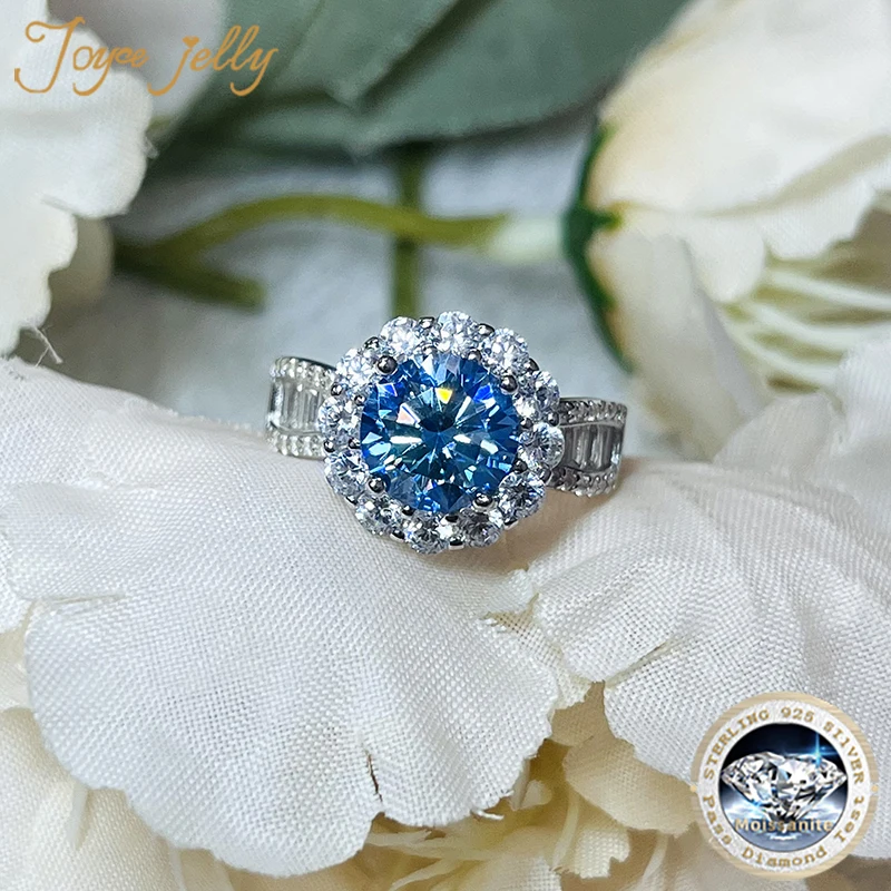 JoyceJelly 2ct Royal Blue Moissanite Ring for Cham Lady Round 8H8A Cut VVS1 Moissanite Diamond Dating Wedding Party Jewerly Gift