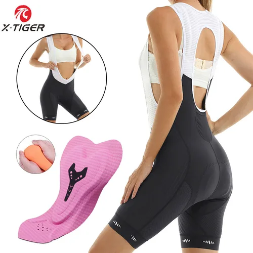 Imagen 2 del producto X-TIGER Pantalones cortos con pechera para ciclismo para mujer, pantalones cortos acolchados para ciclismo de montaña, medias para andar en bicicleta de 6 horas, pantalones cortos deportivos ajustados UPF 50+