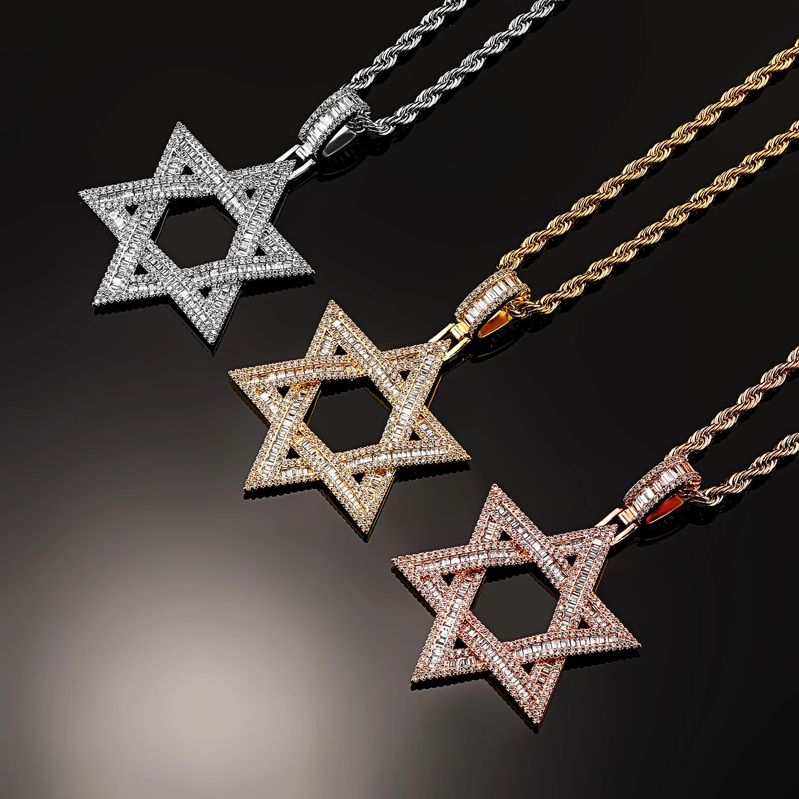 

Luxury Exquisite Inlaid Baguette Zircon Star of David Pendant Necklaces Jewelry Fashion Men Women Trend Rock Party Gifts Jewels