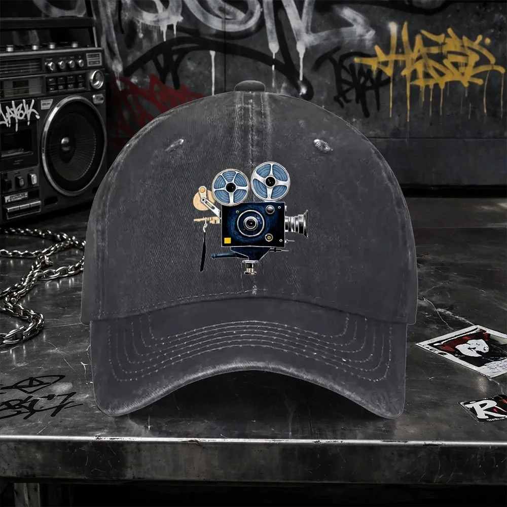 Vintage Movie Camera Design Washed Baseball Cap Unisex Cotton Outdoor Sports Sun Hat for Men Women