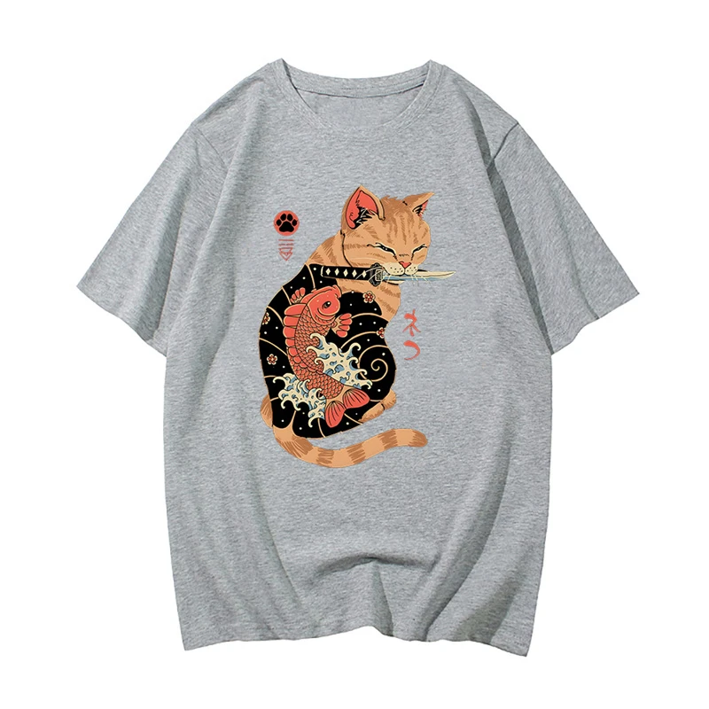 Samurai Cat Tshirt 100% Cotton T-shirt Mens Graphic T Shirt Summer Short Sleeve Tops Casual Tshirt For Male Printing Tees