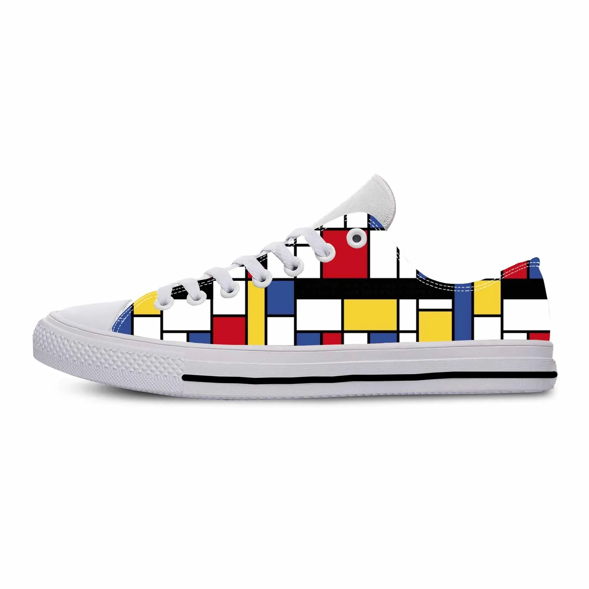 Piet Mondrian Abstrato Padrão Geométrico Pintura Casual Sapatos de Pano Baixo Top Confortável Respirável Impressão 3D Homens Mulheres Tênis